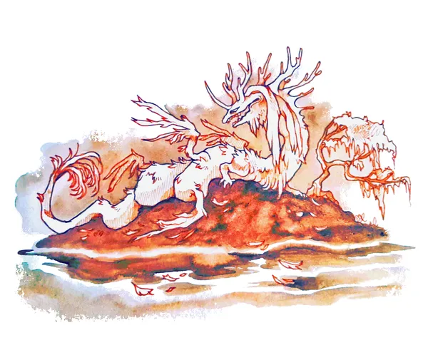 A watercolor depicting a sickly white dragon, its wings and limbs hanging limp on a small island. Around them are molted feathers, and a dying tree seems to shy away from the Moster. The Monster's head has a number of horns running down the ack of its long and slender neck, and the Monster overall resembles a long, white furry snake with a dragon's head.